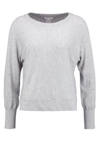 Maglione grigio chiaro realizzato in un tessuto morbido e elastico. Presenta un ampio scollo, spalle scese e polsini e orlo a costine.