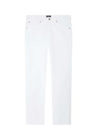 Weiße Jeans mit geradem Bein, Vorderentaschen, Gürtelschlaufen und einem Knopfverschluss, flach auf einem weißen Hintergrund ausgelegt.