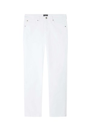 Bílé džíny s rovnými nohavicemi, předními kapsami, poutky na pásek a zapínáním na knoflík, položeny rovně na bílém pozadí.
