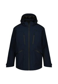 Marineblaue wasserdichte Jacke mit Kapuze, ausgestattet mit mehreren Reißverschlusstaschen, einem Reißverschluss vorne und einer glatten Textur.