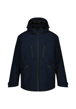Marineblaue wasserdichte Jacke mit Kapuze, ausgestattet mit mehreren Reißverschlusstaschen, einem Reißverschluss vorne und einer glatten Textur.