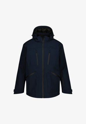 Marineblaue wasserdichte Jacke mit Kapuze, ausgestattet mit mehreren Reißverschlusstaschen, einem Reißverschluss vorne und einer glatten Textur.