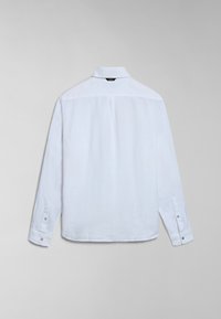Camicia bianca a maniche lunghe realizzata in tessuto leggero, con colletto a punta e polsini abbottonati. Texture liscia con una vestibilità classica.