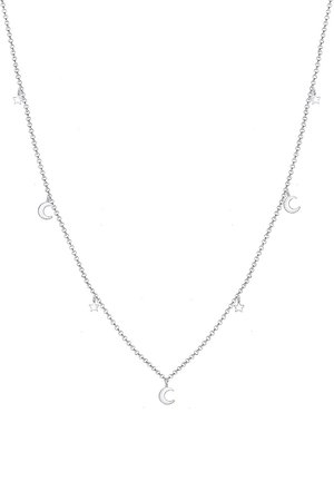 Collier chaîne en argent avec breloques alternées de croissant de lune et d’étoile espacées uniformément sur toute la longueur.