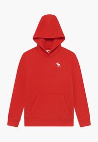 Rode hoodie met lange mouwen, voor met een kangoeroezak en een klein wit elandenlogo op de borst.