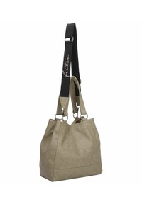 Sac à main en cuir beige avec une silhouette spacieuse, deux courtes poignées et une sangle noire portant la marque "luiti" en rose. Accents en métal argenté.