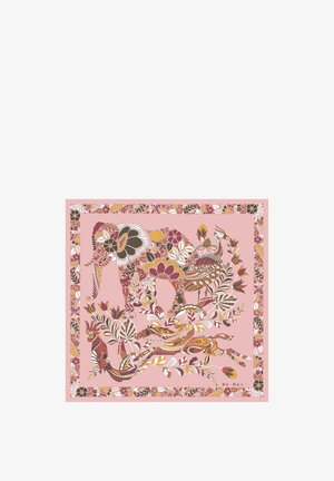Silk scarf featuring a pink background with intricate floral and animal patterns in red, green, yellow, and white. Edged with a decorative border.