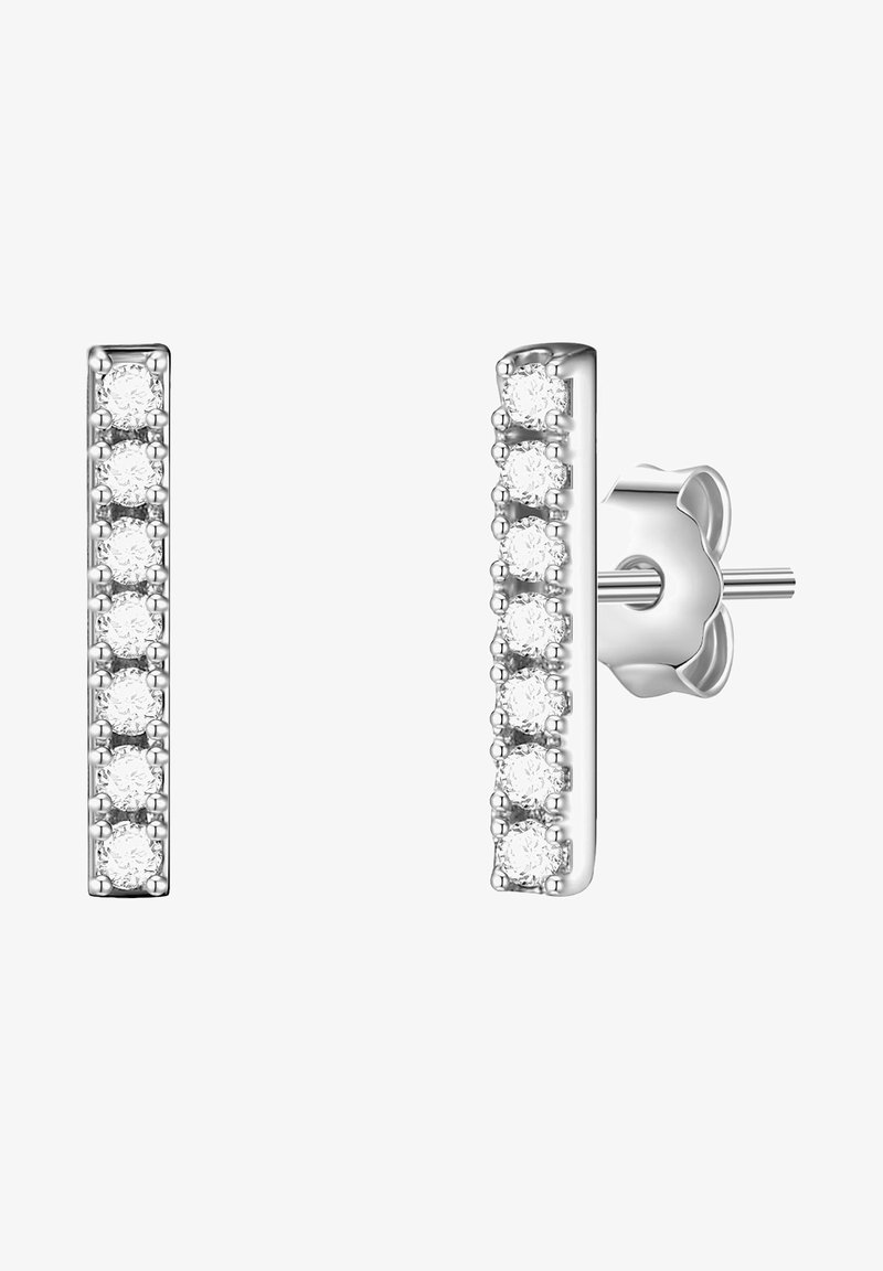 Silberne Ohrstecker mit vertikalem Stabdesign, verziert mit klaren runden Kristallen in einer einzelnen Reihe. Glatte Oberfläche, minimalistischer Look.