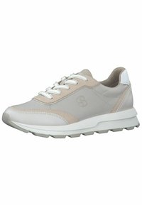 Beige and gray sneaker with a smooth leather upper, rounded toe, white laces, and a textured rubber sole with traction patterns.
