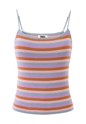 Geribde gebreide cami met verstelbare dunne bandjes, voorzien van horizontale strepen in oranje, lila, roze en grijs.