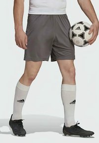 Grå idrottsshorts, vita fotbollssockar och svarta fotbollsskor. Håller en svart och vit fotboll med Adidas-logotyp. Enfärgad bakgrund.