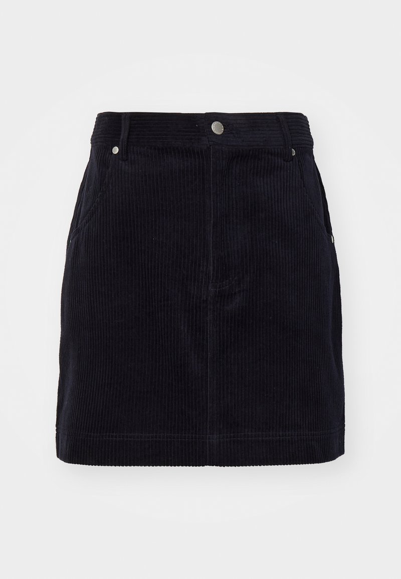 Navy corduroy skirt with a fitted design, featuring vertical ridges, two side pockets, and a front button closure.