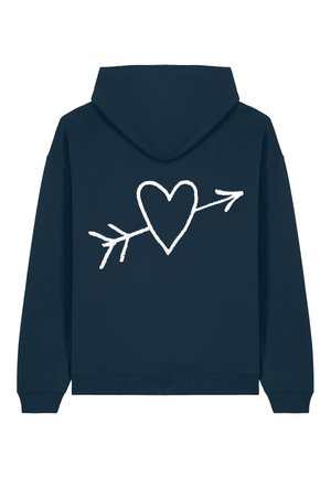 Navy hoodie features a large white heart and arrow graphic on the back, with a soft, textured fabric and ribbed cuffs and hem.