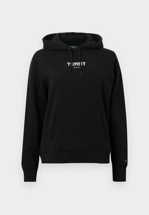 Felpa nera con cappuccio realizzata in tessuto morbido, dotata di tasca a marsupio e coulisse sul cappuccio. Logo frontale con la scritta "TOMMY JEANS" in lettere bianche.