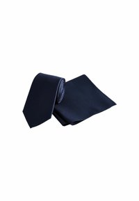 Marineblaue Krawatte aus strukturiertem Stoff, in einfarbigem Design und klassischer Form, ordentlich gerollt mit einer spitzen Spitze und flachem Ende.