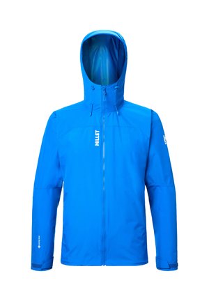 Blue waterproof hooded jacket with front zipper, adjustable cuffs, and "Millet" branding on chest and sleeve.