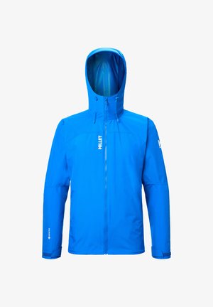 Blue waterproof hooded jacket with front zipper, adjustable cuffs, and "Millet" branding on chest and sleeve.