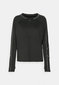 Svart långärmad träningsskjorta med rundad halsringning, strukturerad sömnad längs sidorna och en framficka.