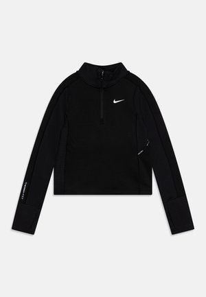 Sudadera negra de manga larga con cuello con cremallera, con mangas texturizadas, logo de Nike en el pecho y la impresión "Thermal-Fit" en el puño.