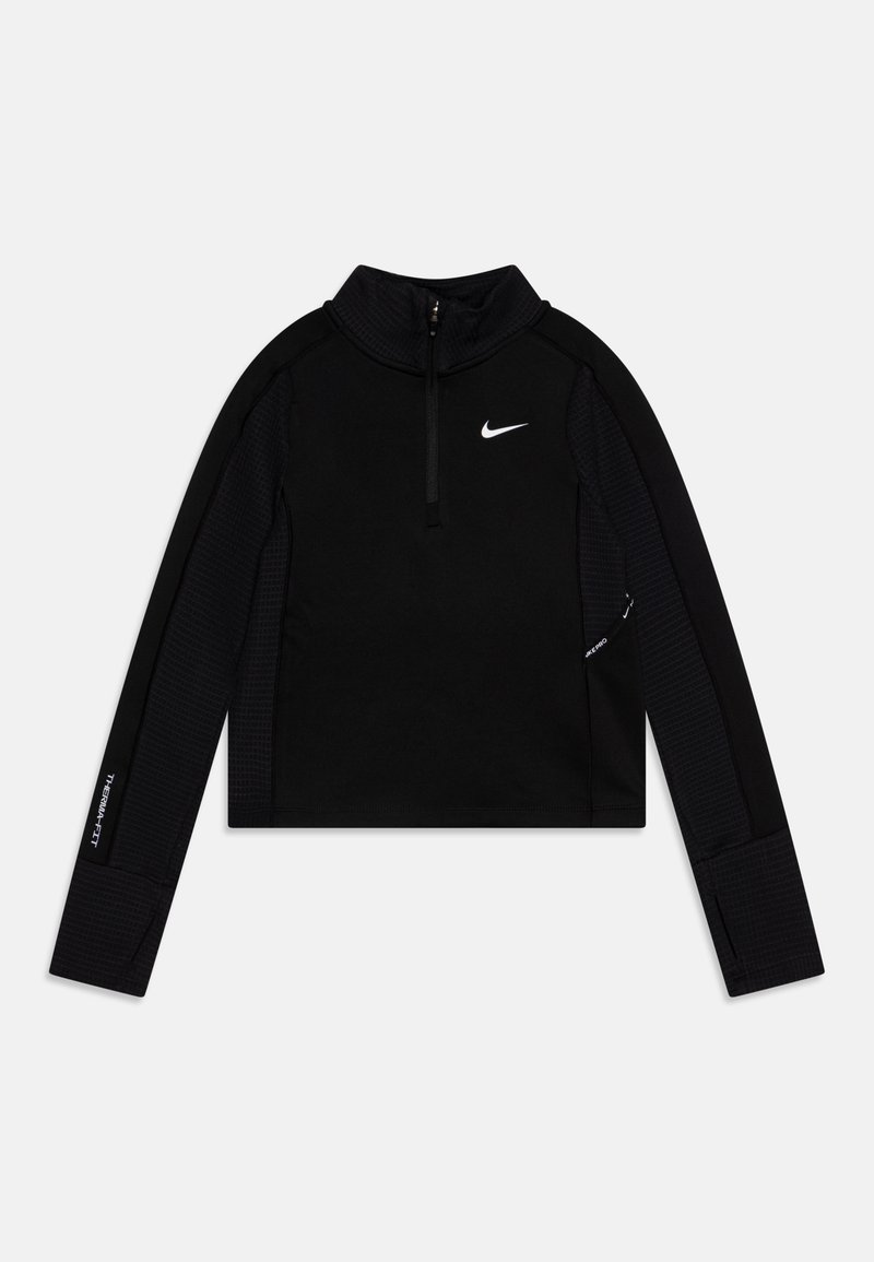Crna dugorukava majica s okovratnikom na zip, s teksturiranim rukavima, Nike logom na prsima i "Thermal-Fit" natpisom na manžetama.