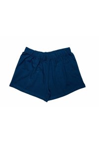 Pantaloni corti di cotone blu scuro con cintura elastica, caratterizzati da una consistenza morbida e una vestibilità ampia. Nessun motivo o accento aggiuntivo presente.
