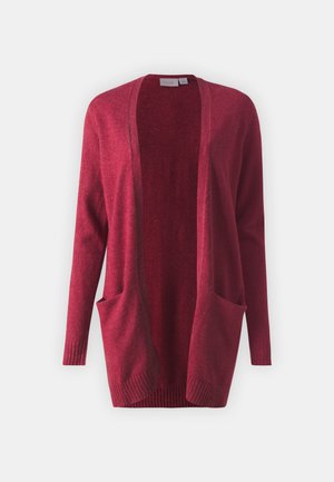 Red cardigan with open front, long sleeves, and two side pockets. Made of a soft, textured knit fabric, featuring a ribbed hem.