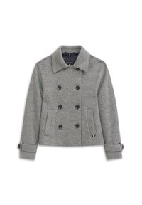 Grauer Woll-Peacoat mit doppelt geknöpftem Vorderteil, schwarzen Knöpfen, Notch-Kragen und verstellbaren Manschetten; verfügt über zwei Seitentaschen.