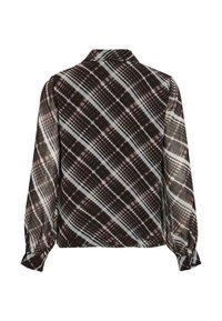 Långärmad blus i genomskinligt tyg, med ett rutmönster i brunt, blått och vitt, med bakre krage och samlade manschetter.