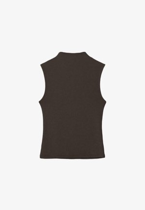 Temno rjava brezrokavnik z visokim ovratnikom, prikazan od zadaj na belem ozadju.