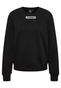 Sweat-shirt noir en coton doux, doté d'un col rond, de manches longues, et d'un logo blanc "HUMMEL" traversant la poitrine. Coupe standard.