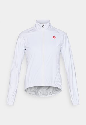 White cycling jacket made from lightweight material, featuring a front zipper, stand-up collar, and a small red logo on the left chest.
