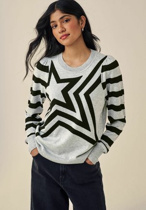 Pull en tricot gris avec un grand motif d'étoile noire et des manches rayées noires. Les poignets et l'ourlet côtelés complètent la coupe décontractée.