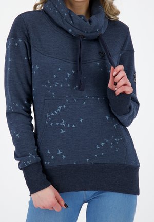 Felpa blu navy con collo a cowl, caratterizzata da un motivo di uccelli, tasca frontale e polsini / orlo a costine. Cordini in blu navy scuro.