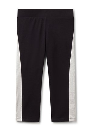 Leggings sportivi neri con un pannello laterale grigio, vita elasticizzata e texture liscia, progettati per offrire comfort e libertà di movimento.