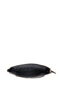 Borsa a pochette in pelle nera con una zip dorata, dotata di un ampio scomparto singolo e di una fodera interna liscia. Design minimalista.