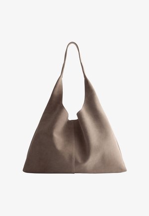 Brown suede hobo bag with a wide, open top and a curved silhouette. Soft texture with minimal stitching and no visible hardware.