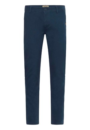 Chinos azul marino fabricados con una mezcla de algodón, que presentan un corte clásico, presillas para cinturón, cierre de botón y un diseño minimalista sin patrones visibles.