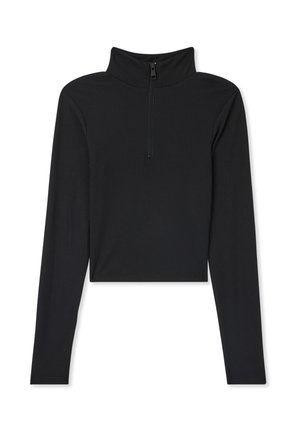 Top nero a maniche lunghe realizzato in tessuto a coste, con colletto alto e chiusura con zip frontale. Design cropped con una silhouette aderente.
