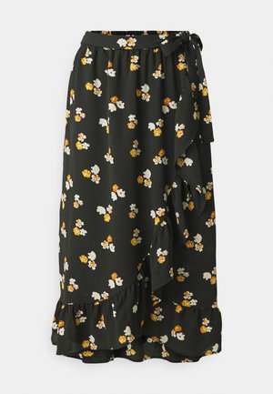 Black floral maxi skirt made of lightweight fabric, featuring a ruffled hem, belted waist, and scattered yellow and white flower patterns.