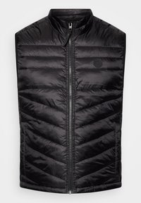 Gilet imbottito nero con colletto alto, zip frontale e motivo a chevron. Realizzato in materiale leggero e lucido, presenta un dettaglio con logo.