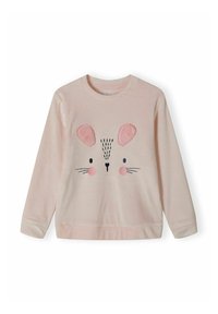 Ljusrosa sweatshirt med långa ärmar, med en musansiktsdesign som har rosa öron, svarta morrhår och två runda rosa kinder.