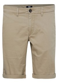 Beige shorts made of cotton with a smooth texture, featuring a button closure, belt loops, and rolled-up cuffs.