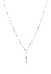 Collier en chaîne argentée avec des maillons ovales allongés et un pendentif effilé, présentant une surface métallique brillante et une texture lisse.