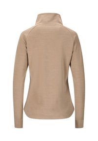 Beige langærmet top med høj krave, der har en glat tekstur og raglanærmer, designet til komfort og en tætsiddende silhuet.