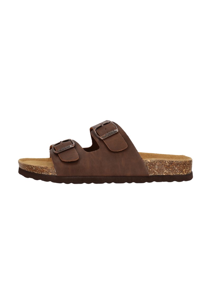 Braune Leder-Sandale mit zwei verstellbaren Riemen und silbernen Schnallen, Korkfußbett, strukturiertes braunes Außensohlen.