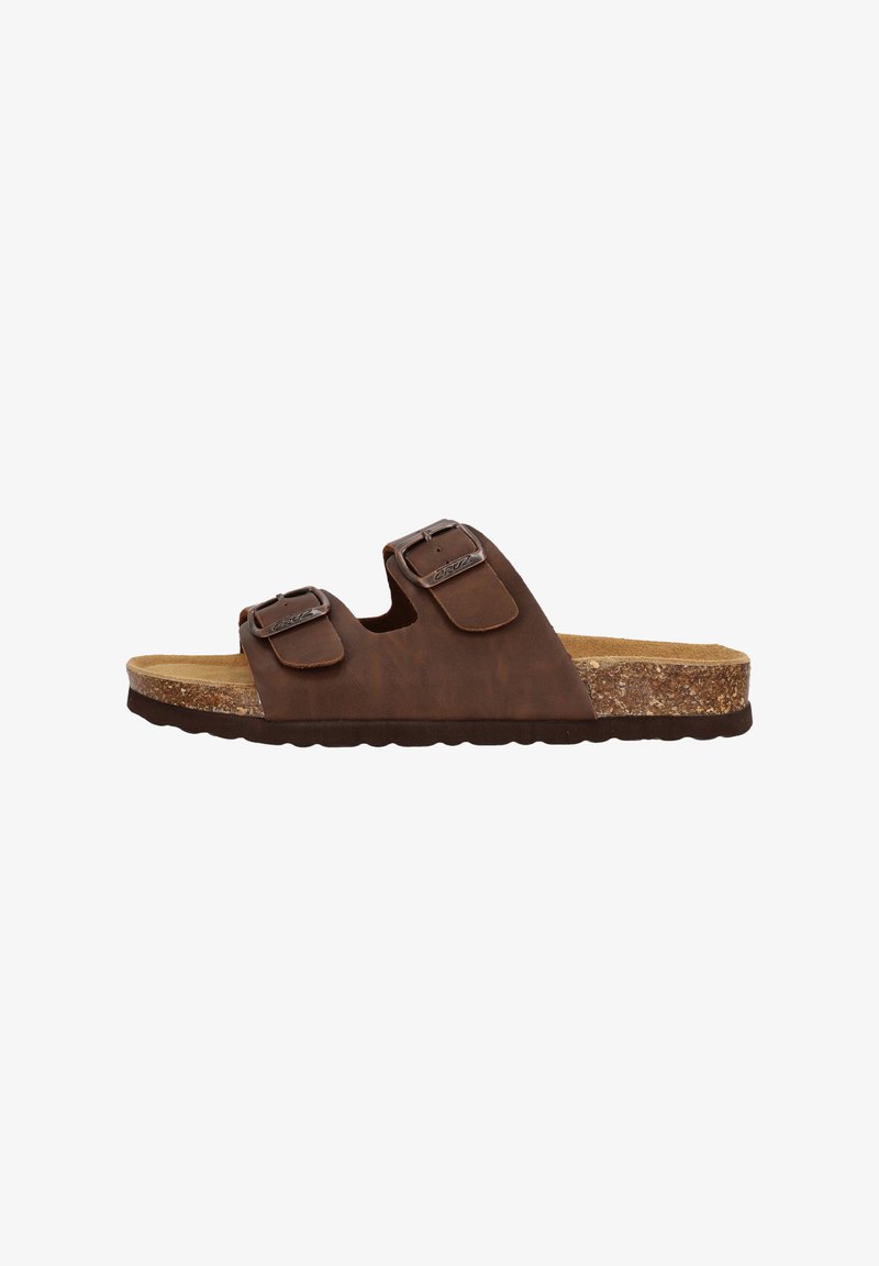 Braune Leder-Sandale mit zwei verstellbaren Riemen und silbernen Schnallen, Korkfußbett, strukturiertes braunes Außensohlen.