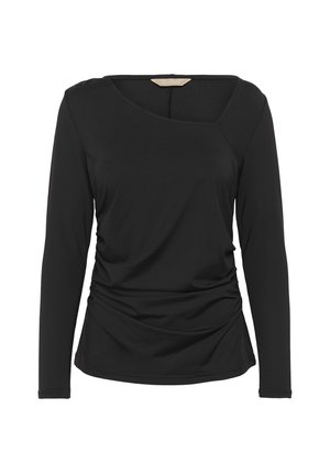 Svart långärmad topp med en unik asymmetrisk halsringning, rynkad textur vid midjan, tillverkad av mjukt, elastiskt tyg.