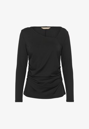 Sort langærmet top med en unik asymmetrisk halsudskæring, rynket tekstur ved taljen og lavet af blødt, strækbart stof.