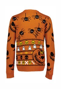Orange gestrickter Pullover mit Mustern von Spinnen, Schädeln, Kürbissen und Gespenstern. Mit schwarzen Akzenten und gerippten Bündchen.