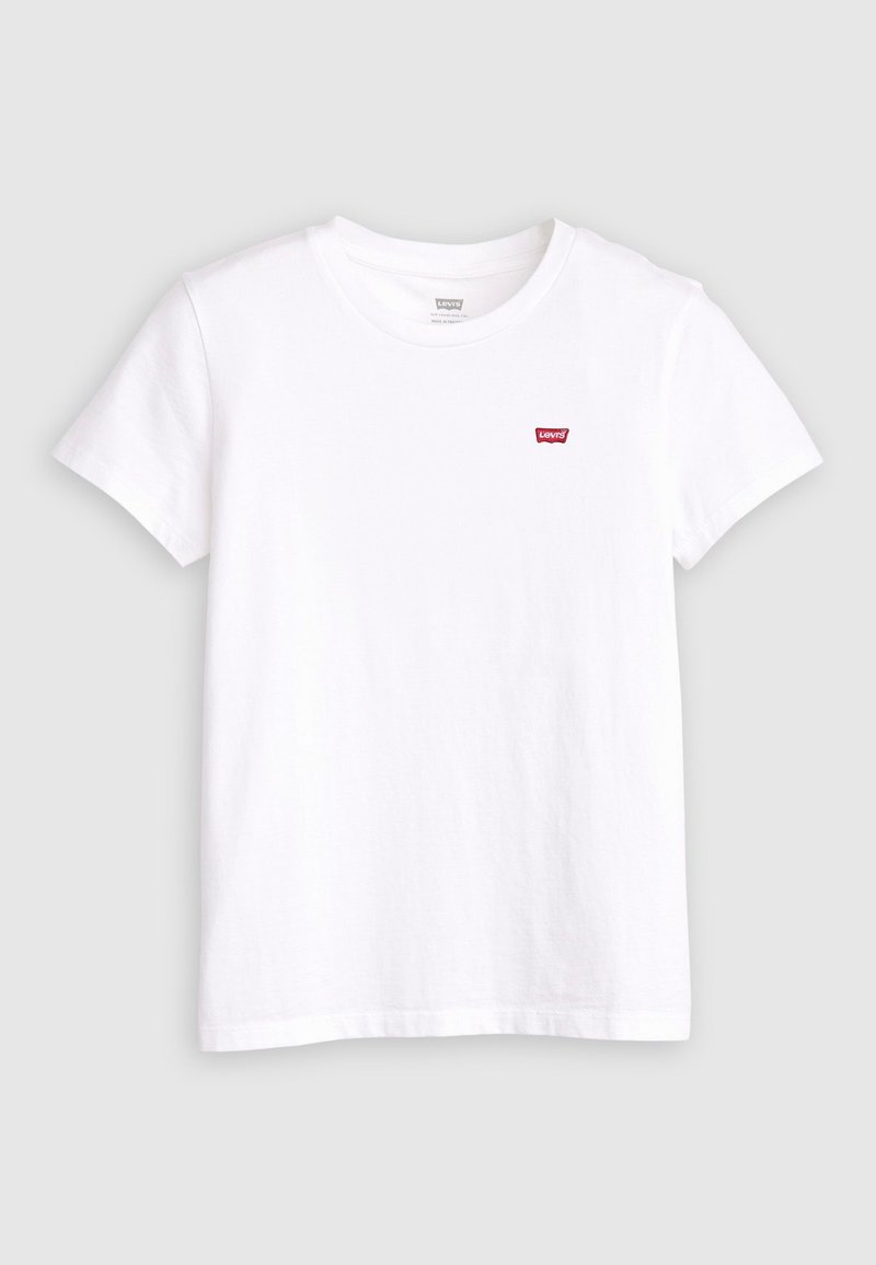 Weißes Baumwoll-T-Shirt mit kurzen Ärmeln, versehen mit einem kleinen roten Levi's-Logo auf der linken Brust. Klassisches Rundhals-Design.